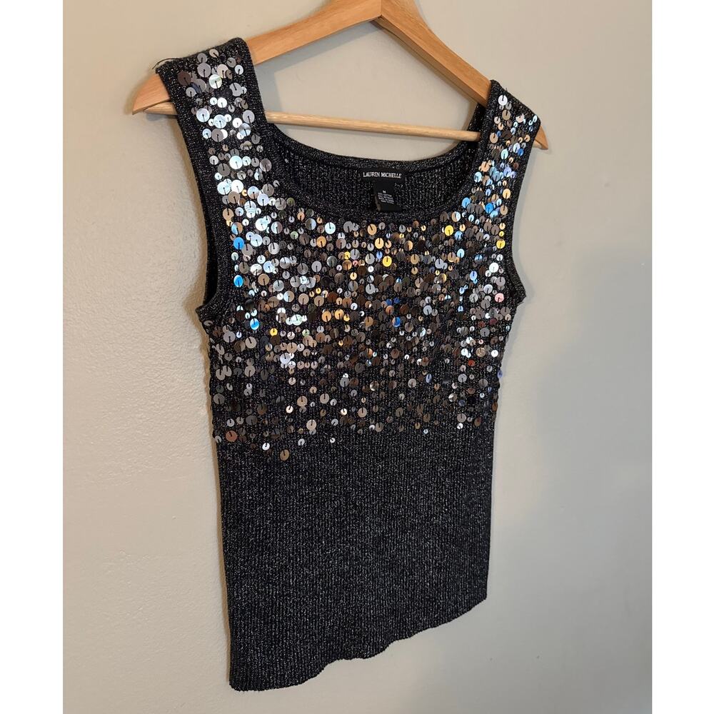 Women's Size M Lauren Michelle Sequin Crewneck Tank Top Gray Ribbed Vintage Y2K
